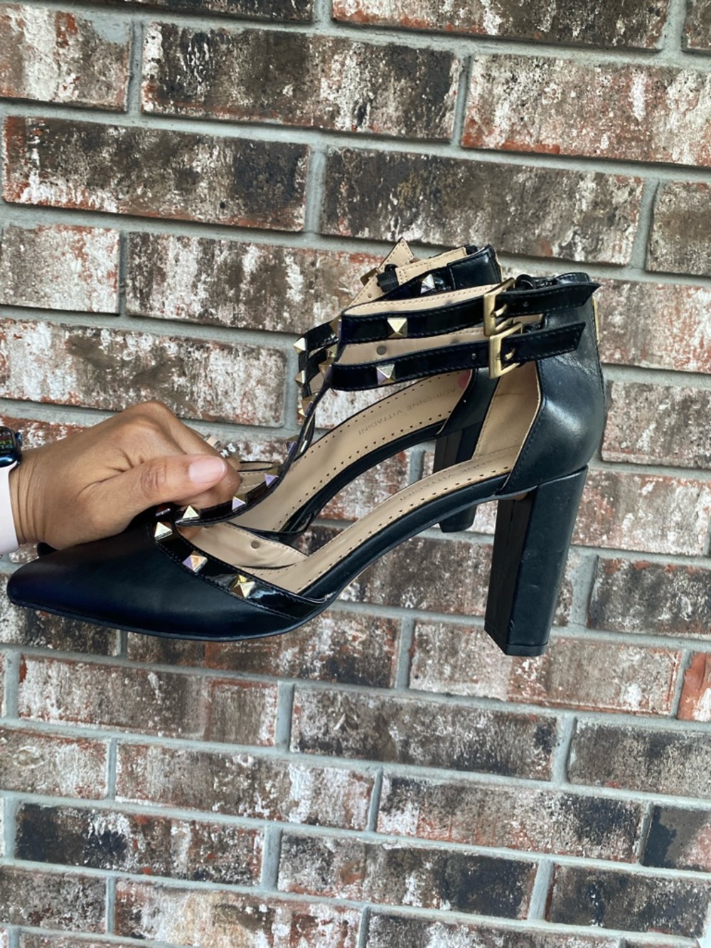 Adrienne Vittadini Black Pointed T-Strap Studded Block Heels - Picture 4 of 9